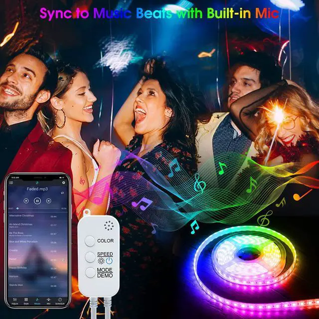 Alt view image 5 of 7 - LED Strip Lights, 50ft/15M RGB Led Light Strip with Bluetooth Remote App Controller Color Changing 5050 LED Rope Lights Strip Sync to Music for Party Home Bedroom Lighting Kitchen Bed Flexible Strip