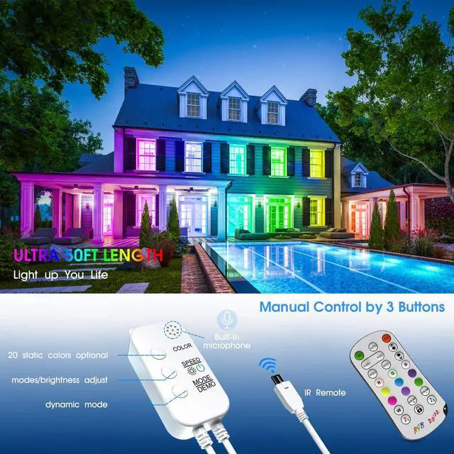 Alt view image 6 of 7 - LED Strip Lights, 50ft/15M RGB Led Light Strip with Bluetooth Remote App Controller Color Changing 5050 LED Rope Lights Strip Sync to Music for Party Home Bedroom Lighting Kitchen Bed Flexible Strip