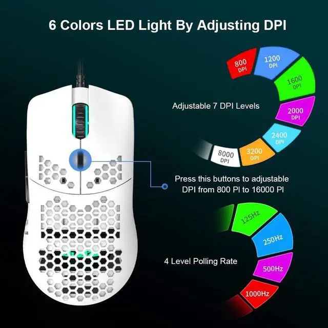 Alt view image 2 of 7 - 69G USB Wired Gaming Mouse with Lightweight Honeycomb Shell - RGB Chroma LED Light - Programmable 7 Buttons - Pixart 3338 16000 DPI Optical Sensor