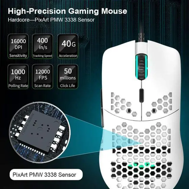 Alt view image 4 of 7 - 69G USB Wired Gaming Mouse with Lightweight Honeycomb Shell - RGB Chroma LED Light - Programmable 7 Buttons - Pixart 3338 16000 DPI Optical Sensor