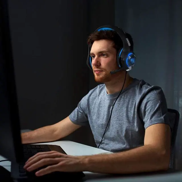 Alt view image 6 of 7 - Gaming Headset for PS4, Xbox One Controller, PC, Over Ear Headphones with Noise Cancelling Mic, Soft Memory Earmuffs, LED Light, Stereo Bass Surround Sound for Nintendo Switch Laptop Mac