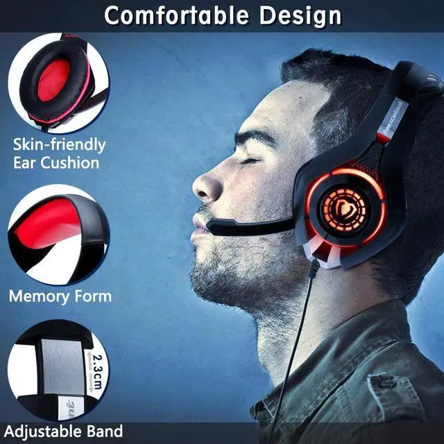 Alt view image 3 of 7 - Gaming Headset for PS4, Xbox One Controller, PC, Over Ear Headphones with Noise Cancelling Mic, Soft Memory Earmuffs, LED Light, Stereo Bass Surround Sound for Nintendo Switch Laptop Mac