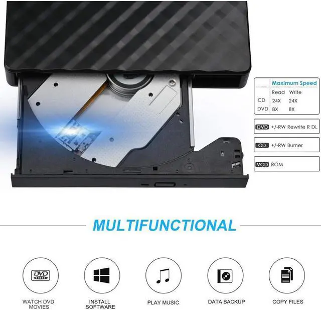 Alt view image 4 of 7 - USB 3.0 External CD Drive, CD/DVD-RW Drive, CD-RW Rewriter Burner Superdrive for High Speed Data Transfer for Laptop Notebook PC Desktop Support Windows/Vista/7/8.1/10 (Black)