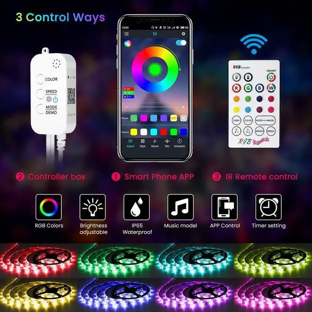 Alt view image 3 of 7 - Bluetooth LED Strip Lights Music Sync App Control, 32.8FT/10M Flexible Waterproof RGB LED Light Strips for Bedroom with Remote Color Changing Neon Lights 300LED 5050 Tape Lights 12V Room Mood Lighting