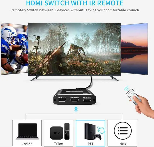 Alt view image 4 of 7 - 3x1 HDMI Splitter Aluminum HDMI Switch 3 in 1 Out with IR Remote Control, Supports 4k@60HZ 3D HD1080P, HDMI Switcher for PS3 PS4 Pro TV