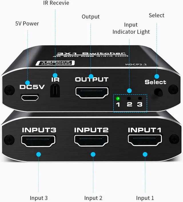 Alt view image 5 of 7 - 3x1 HDMI Splitter Aluminum HDMI Switch 3 in 1 Out with IR Remote Control, Supports 4k@60HZ 3D HD1080P, HDMI Switcher for PS3 PS4 Pro TV
