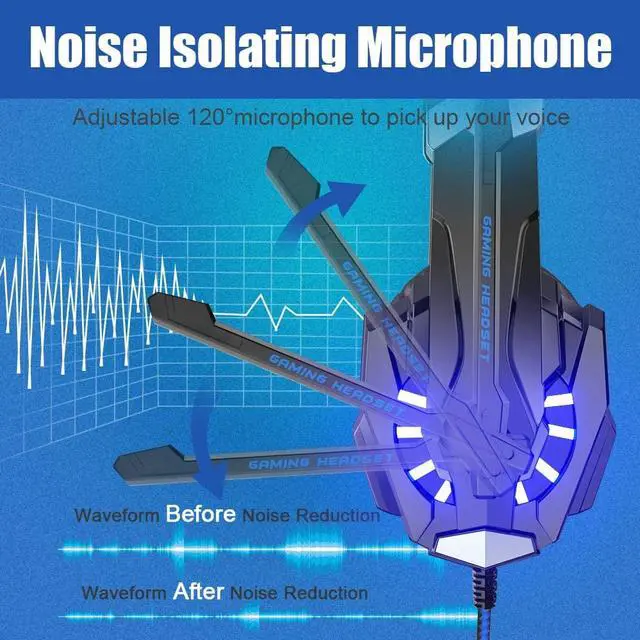 Alt view image 3 of 7 - Gaming Headset for PS4/ Xbox one/Xbox One S/PC/Mac/Laptop/Cell Phone - Gaming Headphone with Mic, LED Light, Bass Surround, Noise Cancelling, Soft Earmuffs