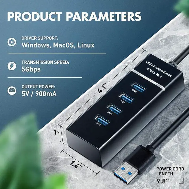Alt view image 2 of 7 - 4 Ports USB 3.0 Hub Adapter,USB Splitter Compatible for USB Flash Driver, Laptop,Keyboard,Notebook PC,Mouse,Table,Printer,PS4,Xbox One,MacBook Air/Pro/Mini (0.98FT Extended Cable)