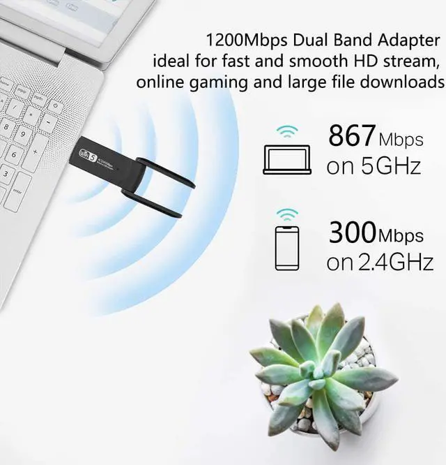 Alt view image 5 of 7 - WiFi Adapter 1200Mbps, USB Wireless Network Adapter Dual Band 5GHz & 2.4GHz with High Gain Antennas WiFi Dongle for PC/Desktop, Compatible with Windows XP,10,8.1,7,Vista and Mac OS 10.9~10.15