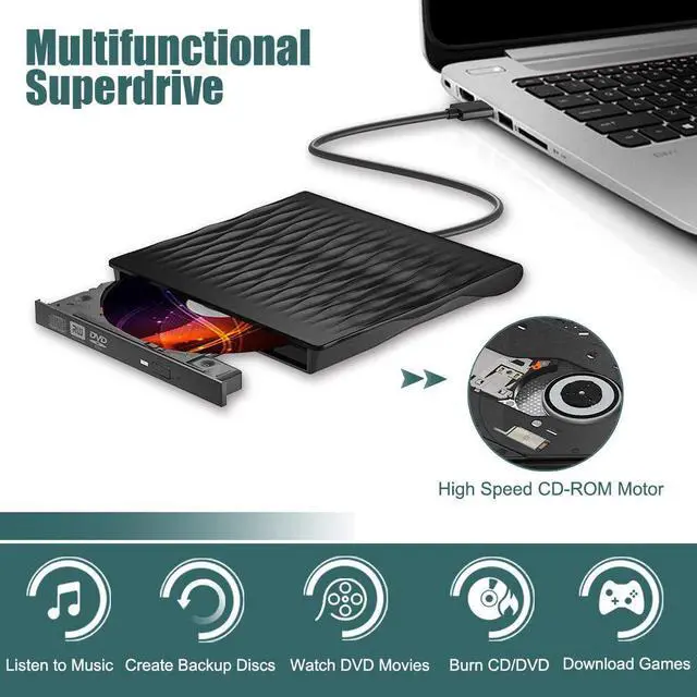 Alt view image 3 of 7 - External CD DVD Drive, USB 3.0 Portable Burner Optical Drive CD RW DVD RW Superdrive Compatible for MacBook Pro Air iMac Laptop Notebook (Color: Black)
