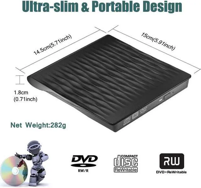 Alt view image 7 of 7 - External CD DVD Drive, USB 3.0 Portable Burner Optical Drive CD RW DVD RW Superdrive Compatible for MacBook Pro Air iMac Laptop Notebook (Color: Black)