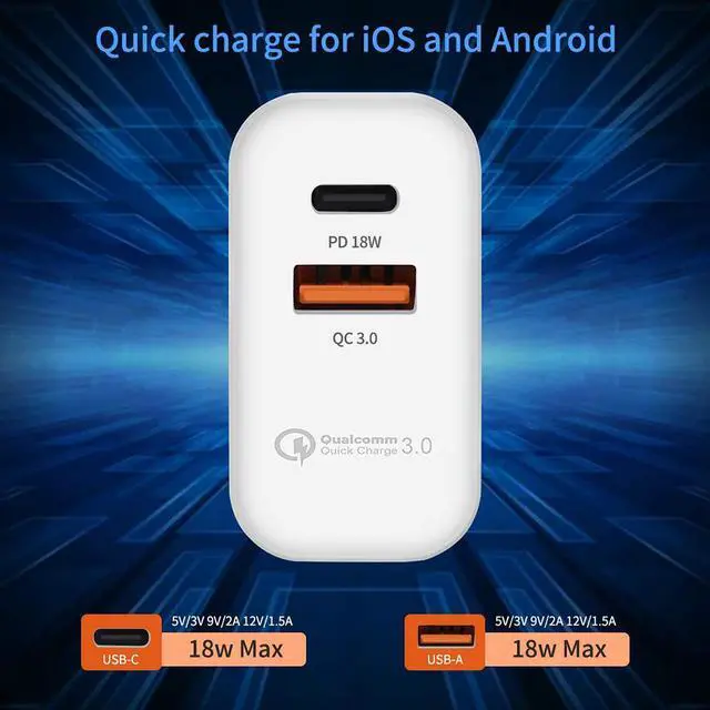 Alt view image 4 of 7 - USB C Charger, Fast Charger, 18W 2-Port Wall Charger with Power Delivery & Quick Charge 3.0, Compact USB C Wall Charger for iPhone 11 Pro/Max/XS/XR/X/8/7/6/Plus, Samsung, LG, Pixel, and More