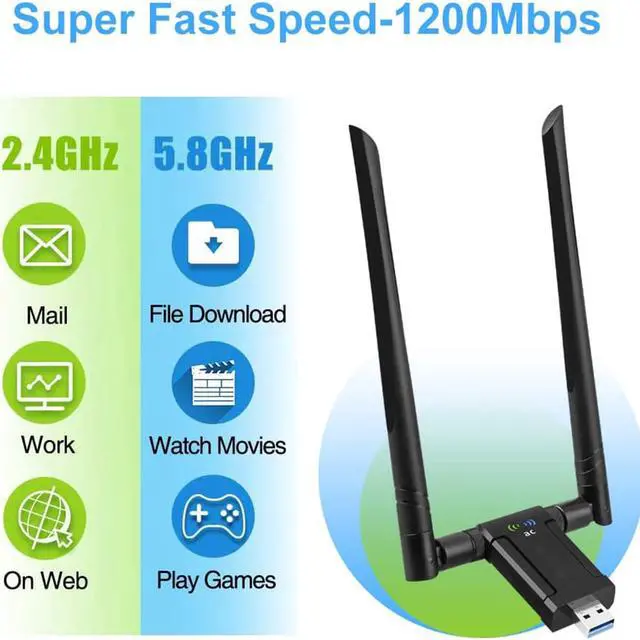 Alt view image 2 of 7 - 1200Mbps WiFi Adapter, Dual Band USB Wifi Dongle (5.8G/867Mbps+2.4G/300Mbps) Network Adapter with USB 3.0 Cradle and Extension Cable for PC Desktop Laptop Support Windows 10/8/7 Mac OS