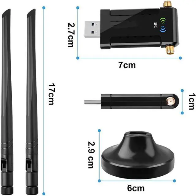 Alt view image 7 of 7 - 1200Mbps WiFi Adapter, Dual Band USB Wifi Dongle (5.8G/867Mbps+2.4G/300Mbps) Network Adapter with USB 3.0 Cradle and Extension Cable for PC Desktop Laptop Support Windows 10/8/7 Mac OS