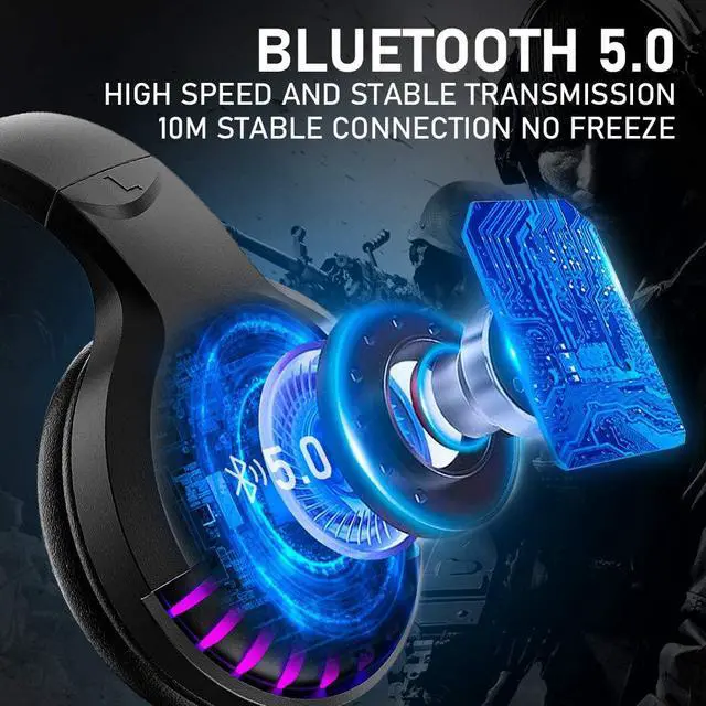 Alt view image 5 of 7 - Wireless Bluetooth Headphone with Noise Cancellation HiFi Stereo Sound Mic Deep Bass Protein Earpad Rainbow RGB Backlight Rechageable Over Ear Headset for PC Mac Game Travel Class Home Office