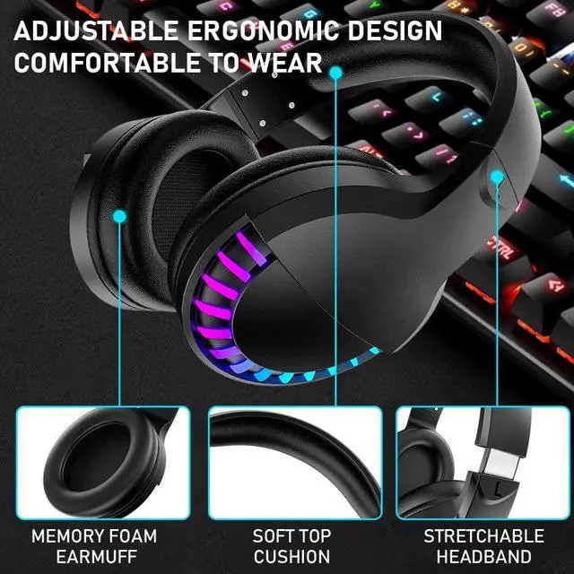 Alt view image 6 of 7 - Wireless Bluetooth Headphone with Noise Cancellation HiFi Stereo Sound Mic Deep Bass Protein Earpad Rainbow RGB Backlight Rechageable Over Ear Headset for PC Mac Game Travel Class Home Office