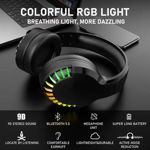 Alt view image 2 of 7 - Wireless Bluetooth Headphone with Noise Cancellation HiFi Stereo Sound Mic Deep Bass Protein Earpad Rainbow RGB Backlight Rechageable Over Ear Headset for PC Mac Game Travel Class Home Office