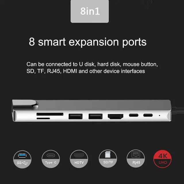 Alt view image 5 of 7 - 8 in 1 USB C Hub Multiport Type C To 87W PD Fast Charge USB-C 4K 30Hz HDMI Adapter RJ45 Fast Ethernet TF SD USB 3.0 Cable Hub for Windows Macbook Computer Laptop