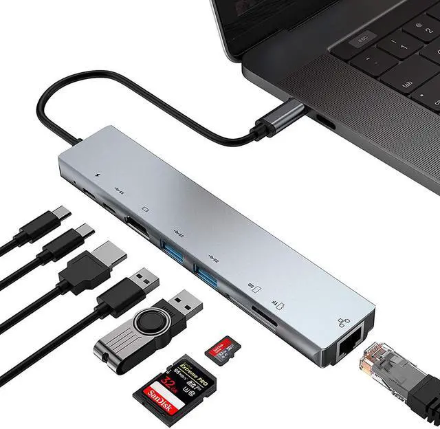 Main image of 8 in 1 USB C Hub Multiport Type C To 87W PD Fast Charge USB-C 4K 30Hz HDMI Adapter RJ45 Fast Ethernet TF SD USB 3.0 Cable Hub for Windows Macbook Computer Laptop