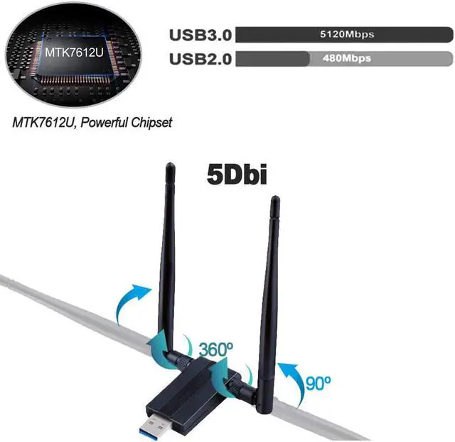 Alt view image 5 of 7 - USB WIFI Adapter 1200M USB 3.0 Wireless Wifi Dongle 5G/866Mbps 2.4G/300Mbps 5dBi Dual Band Antenna 802.11 AC Wireless Network Adapter for Desktop/PC/Laptop Windows XP/Vista/7/8/10