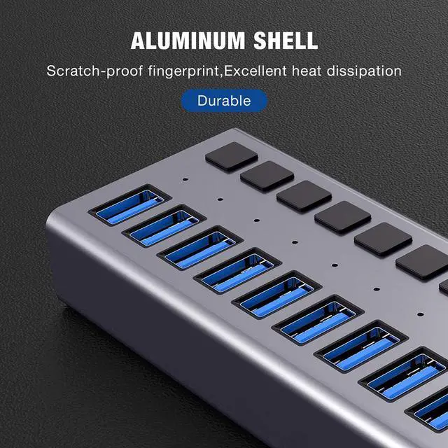 Alt view image 4 of 7 - Powered USB Hub - 16 Ports 80W USB 3.0 Data Hub - with Individual On/Off Switches and 12V/6A Power Adapter USB Hub 3.0 Splitter for Laptop, PC, Computer, Mobile HDD, Flash Drive and More