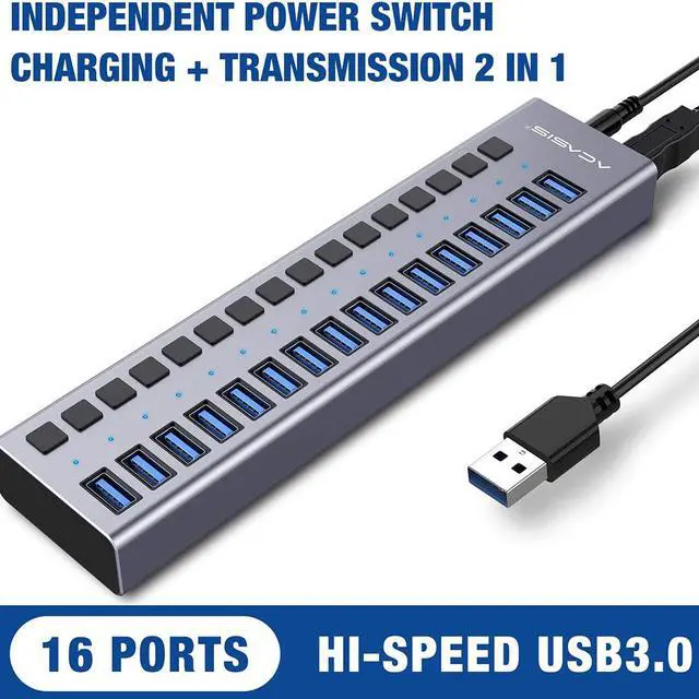 Alt view image 2 of 7 - Powered USB Hub - 16 Ports 80W USB 3.0 Data Hub - with Individual On/Off Switches and 12V/6A Power Adapter USB Hub 3.0 Splitter for Laptop, PC, Computer, Mobile HDD, Flash Drive and More