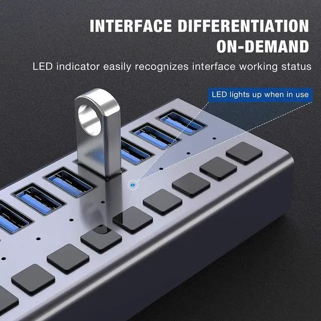 Alt view image 6 of 7 - Powered USB Hub - 16 Ports 80W USB 3.0 Data Hub - with Individual On/Off Switches and 12V/6A Power Adapter USB Hub 3.0 Splitter for Laptop, PC, Computer, Mobile HDD, Flash Drive and More