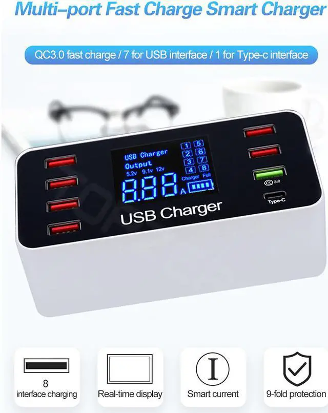 Alt view image 2 of 7 - Multi USB 8-Port Smart Fast Desktop Hub Wall Charger Charging Station Quick Charge 3.0 USB Type C Port With LED Display Compatible with IOS Android Smart Phones, Tablet, Nintendo Switch Games