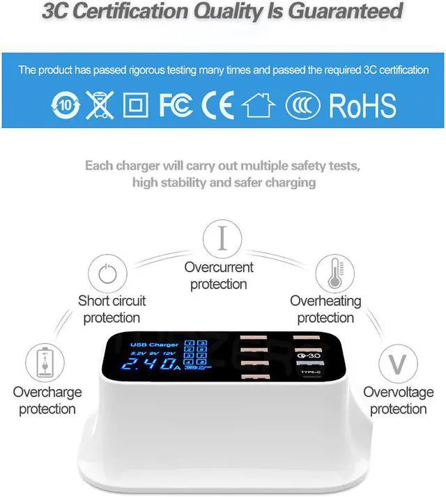 Alt view image 5 of 7 - Multi USB 8-Port Smart Fast Desktop Hub Wall Charger Charging Station Quick Charge 3.0 USB Type C Port With LED Display Compatible with IOS Android Smart Phones, Tablet, Nintendo Switch Games