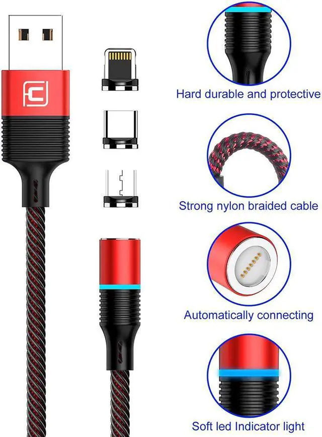 Alt view image 4 of 7 - Magnetic Charging Cable 6.6ft,  QC3.0 Fast Charging Nylon Braided Cord with LED Light, Support Data Trasfer 3 in 1 Universal Magnet Phone Charger Compatible with Micro USB Type C Devices