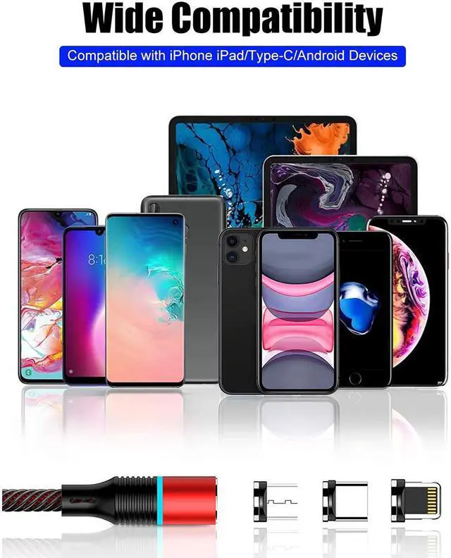 Alt view image 6 of 7 - Magnetic Charging Cable 6.6ft,  QC3.0 Fast Charging Nylon Braided Cord with LED Light, Support Data Trasfer 3 in 1 Universal Magnet Phone Charger Compatible with Micro USB Type C Devices