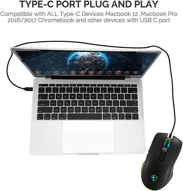 Alt view image 7 of 7 - USB C Type C Mouse, Wired USB C Mice Gaming Mouse Ergonomic 4 RGB Backlight 3200 DPI Compatible with Mac, Matebook, Chromebook, HP OMEN, Windows PC, Laptop and More USB Type C Devices (Black)