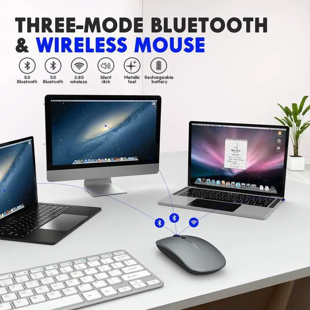 Alt view image 2 of 7 - Bluetooth Mouse, Three-mode Slim Silent Rechargeable Bluetooth Wireless Mouse (Bluetooth 5.0/3.0+ 2.4G), 1600DPI Portable Mouse for Laptop PC Computer, Android,Windows MacBook