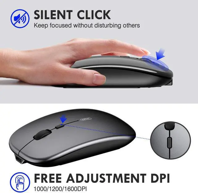 Alt view image 3 of 7 - Bluetooth Mouse, Three-mode Slim Silent Rechargeable Bluetooth Wireless Mouse (Bluetooth 5.0/3.0+ 2.4G), 1600DPI Portable Mouse for Laptop PC Computer, Android,Windows MacBook