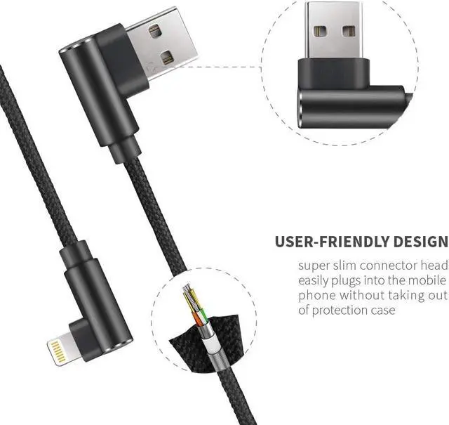 Alt view image 2 of 7 - Fast Charging Cable, 3ft Right Angle Cable,3 Pack Nylon Braided Fast Speed Data Sync Charging Cord Powerline Compatible with Phone Charger Xs Xs MAX X 8 7 Plus, Pad. (Black, 3FT)