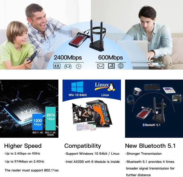 Alt view image 6 of 7 - 3000Mbps WiFi 6 PCI-E Bluetooth 5.1Dual Band Gaming Wireless PCIe Card RGB WiFi Adapter 2.4G/5G 802.11AX WI-Fi Intel AX200 WLan