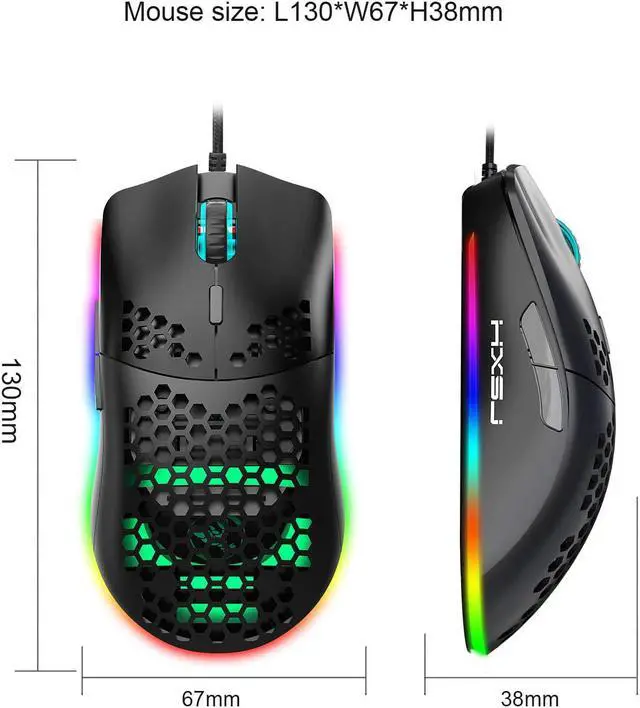 Alt view image 7 of 7 - USB Gaming Mouse, Honeycomb Lightweight Gaming Mouse, 6 Button 6 RGB Backlit, up to 6400 DPI, Wired PC Gaming Mouse for Mac Laptop Computer (Black)