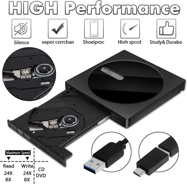 Alt view image 3 of 7 - External DVD Drive, High-Speed Data Transfer USB Type C and USB 3.0 Slim DVD-RW Player Burner Writer Rewriter for Laptop Notebook Desktop PC Mac OS/Windows/Linux (Black)