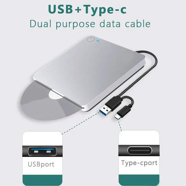 Alt view image 4 of 7 - External DVD Drive, USB 3.0 / USB C 3.1 Type-C Slim CD ROM Portable Slot-in CD DVD+/-RW Player Burner Writer for Mac MacBook Air Pro Laptop PC Windows (Silver)