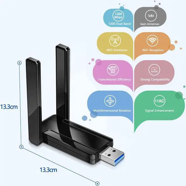 Alt view image 7 of 7 - 1300Mbps Wireless USB WiFi Adapter for PC,2.4GHz/5GHz Dual Band 5dBi High Gain Antenna Network Adapter for Desktop, Laptop Wireless Card- USB 3.0 Supports WinXP/7/8/10/vista/Linux