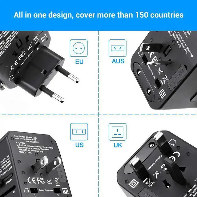 Alt view image 2 of 7 - Worldwide Travel Adapter, International Power Adapter with 4 USB Ports 1 Type C Port for Cell Phone, Laptop, Tablet, Universal All in One AC Outlet for US, EU, UK, AUS 150+ Countries, Black