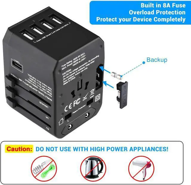 Alt view image 6 of 7 - Worldwide Travel Adapter, International Power Adapter with 4 USB Ports 1 Type C Port for Cell Phone, Laptop, Tablet, Universal All in One AC Outlet for US, EU, UK, AUS 150+ Countries, Black