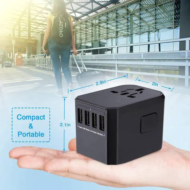Alt view image 5 of 7 - Worldwide Travel Adapter, International Power Adapter with 4 USB Ports 1 Type C Port for Cell Phone, Laptop, Tablet, Universal All in One AC Outlet for US, EU, UK, AUS 150+ Countries, Black