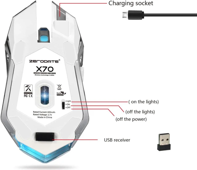 Alt view image 6 of 7 - Wireless Gaming Mouse, 2.4GHZ Rechargeable Wireless Computer Game Mice Built in with 600mAh Battery