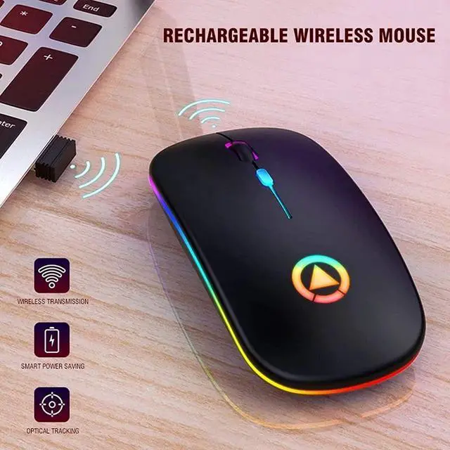 Alt view image 3 of 7 - Ultra Slim Silent 2.4G Wireless Mouse Lightweight Portable LED Colour Light Rechargeable Mouse for Laptop (Colour: Black)