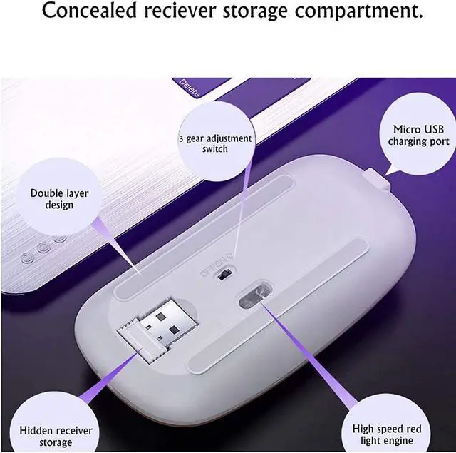 Alt view image 5 of 7 - Ultra Slim Silent 2.4G Wireless Mouse Lightweight Portable LED Colour Light Rechargeable Mouse for Laptop (Colour: Black)