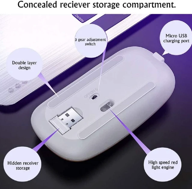Alt view image 4 of 7 - Ultra Slim Silent 2.4G Wireless Mouse Lightweight Portable LED Colour Light Rechargeable Mouse for Laptop (Colour: Black)