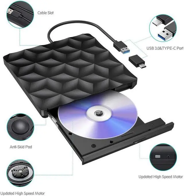 Alt view image 3 of 7 - External CD DVD Drive, USB 3.0 & USB-C portable DVD / CD reader and CD DVD - / + RW burner / low noise for laptop, desktop, Win / 8/7/10 / XP / Vistal, Mac OS, and Linux, Plug & Play (Black)