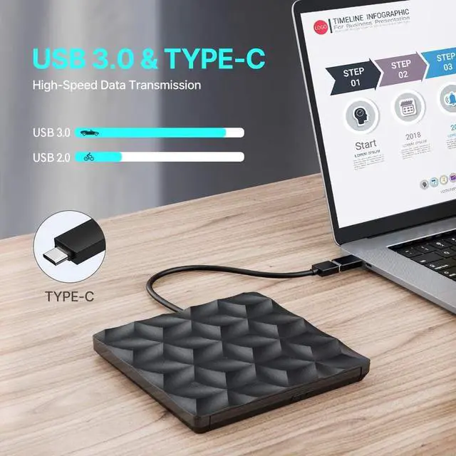 Alt view image 2 of 7 - External CD DVD Drive, USB 3.0 & USB-C portable DVD / CD reader and CD DVD - / + RW burner / low noise for laptop, desktop, Win / 8/7/10 / XP / Vistal, Mac OS, and Linux, Plug & Play (Black)