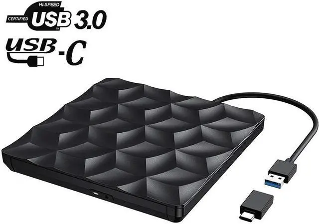Main image of External CD DVD Drive, USB 3.0 & USB-C portable DVD / CD reader and CD DVD - / + RW burner / low noise for laptop, desktop, Win / 8/7/10 / XP / Vistal, Mac OS, and Linux, Plug & Play (Black)